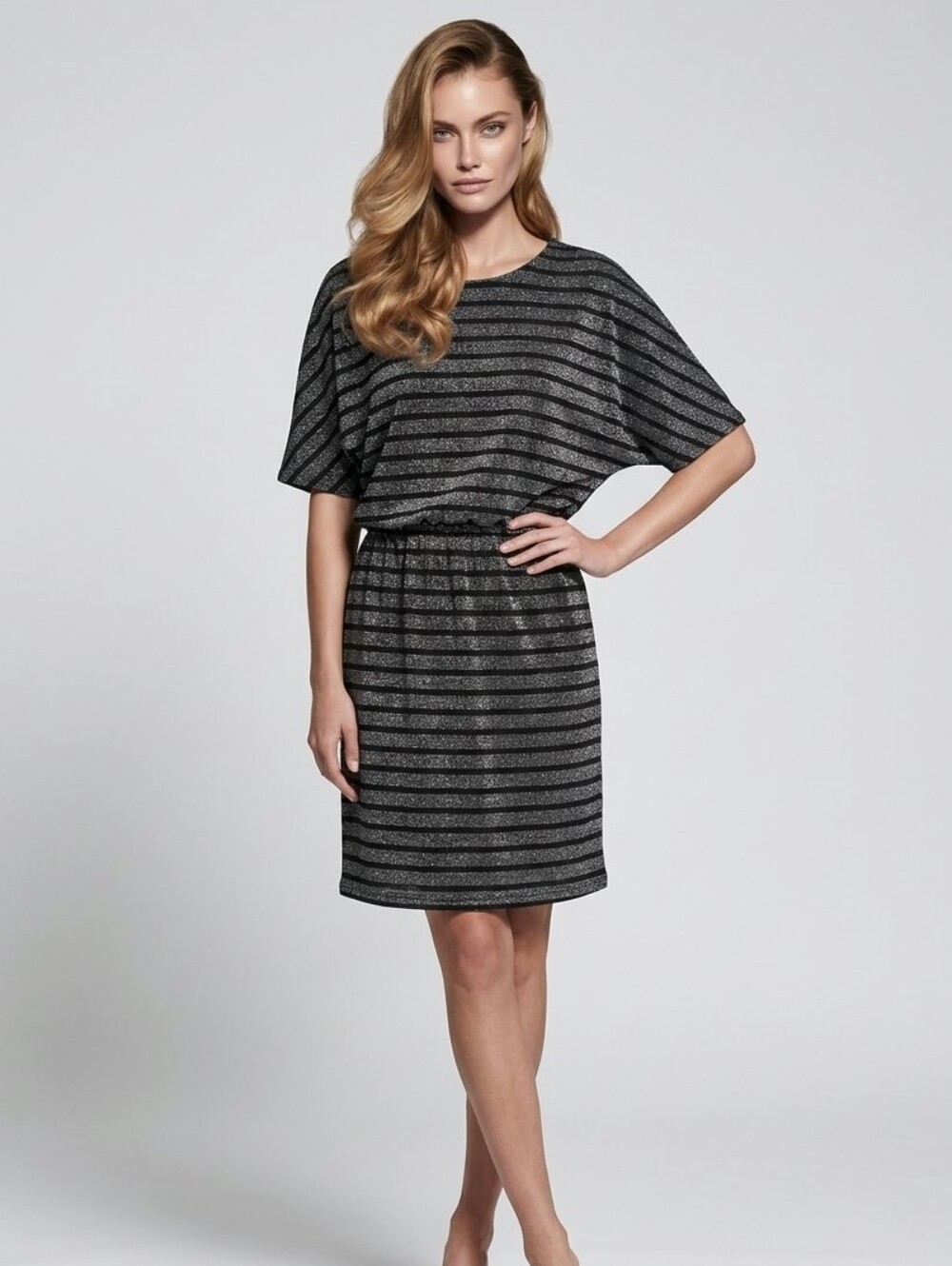 Molly Bracken Black and Silver Striped Dolman Sleeve Shimmer Dress